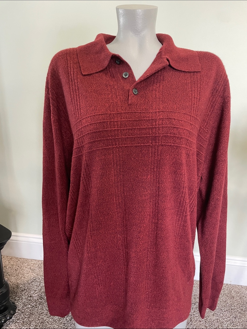 Dockers Men’s Burgundy grid textured knit long sleeve polo sweater pullover